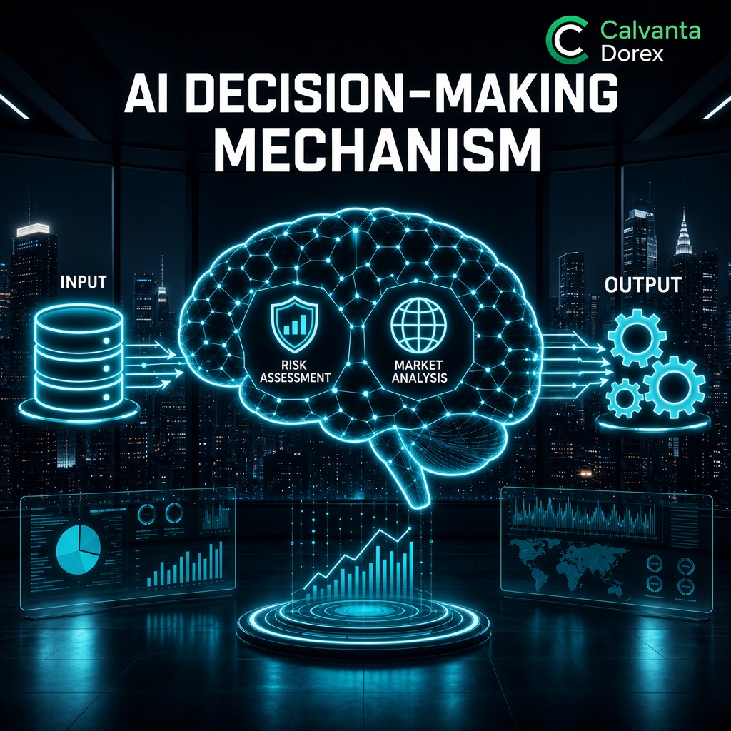 Esquema del motor predictivo Calvanta Dorex con nodos de analisis de riesgo y mercado en arquitectura neuronal