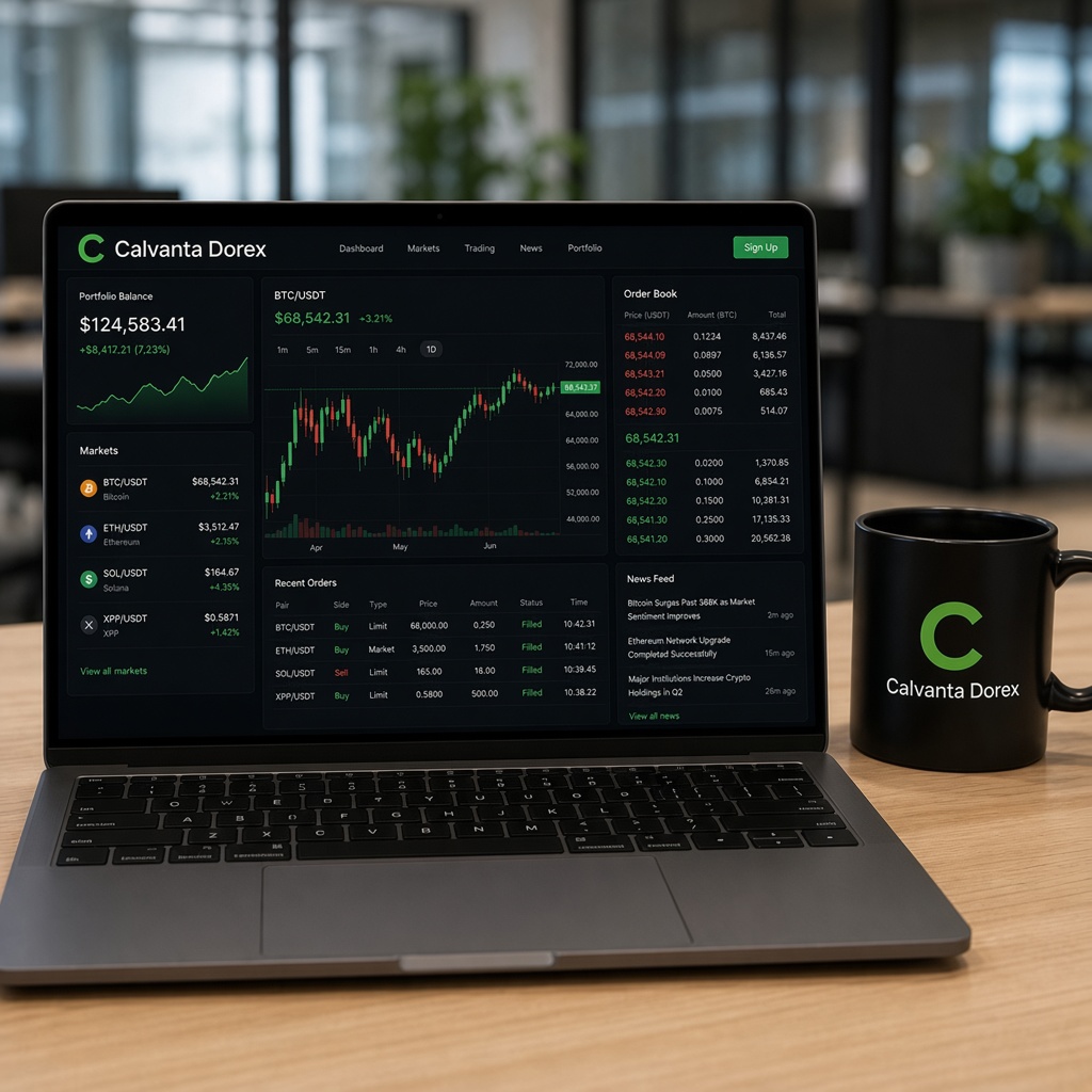 Panel Calvanta Dorex con profundidad de mercado y portfolio multi-activo en notebook