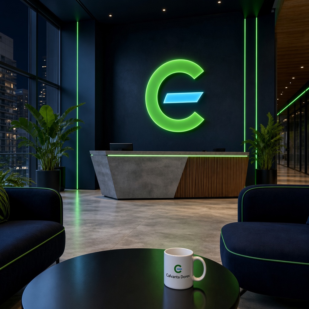 Recepcion de la sede central Calvanta Dorex con iluminacion LED verde y logo institucional sobre una pared azul