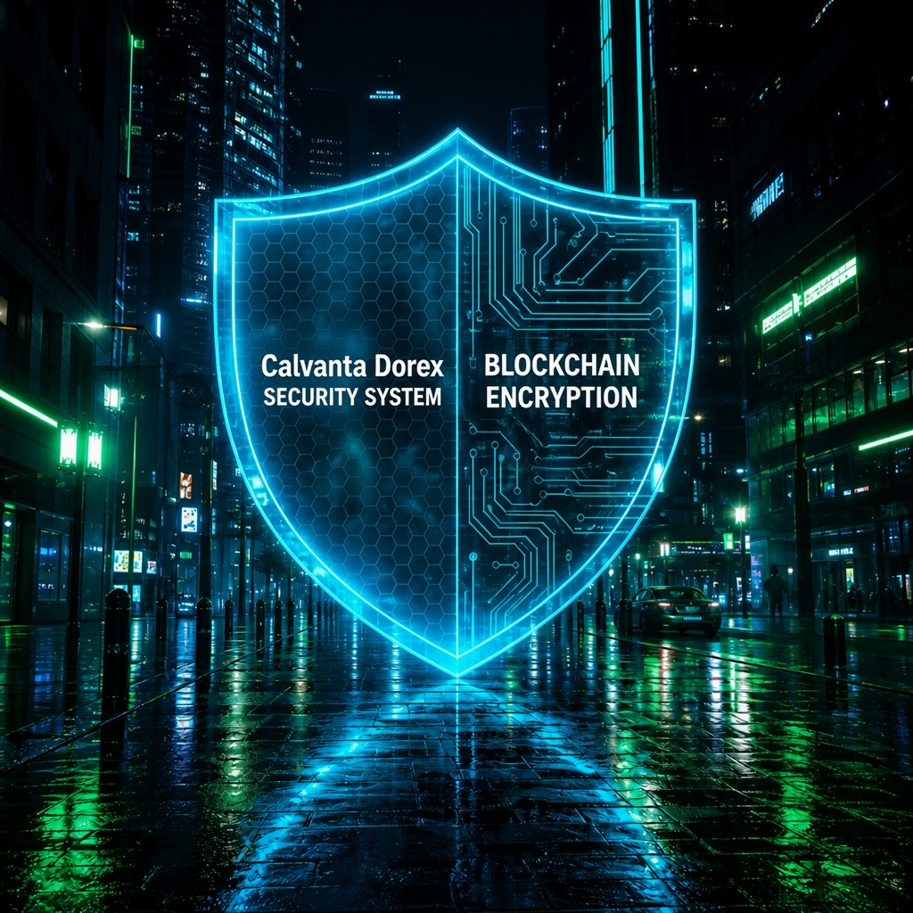 Escudo digital Calvanta Dorex sobre una ciudad, representando proteccion multicapa de activos