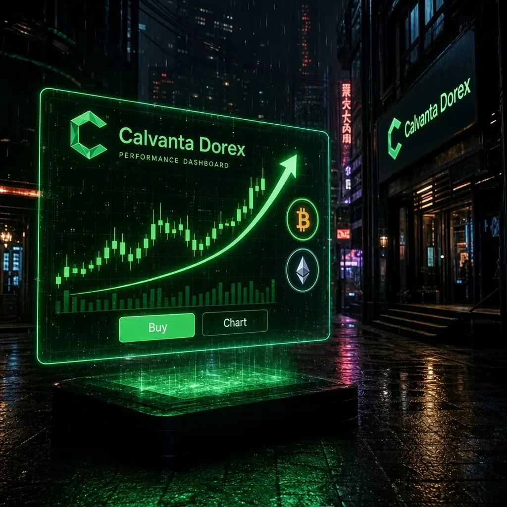 Panel de rendimiento Calvanta Dorex con curvas verdes ascendentes proyectadas en una pantalla urbana